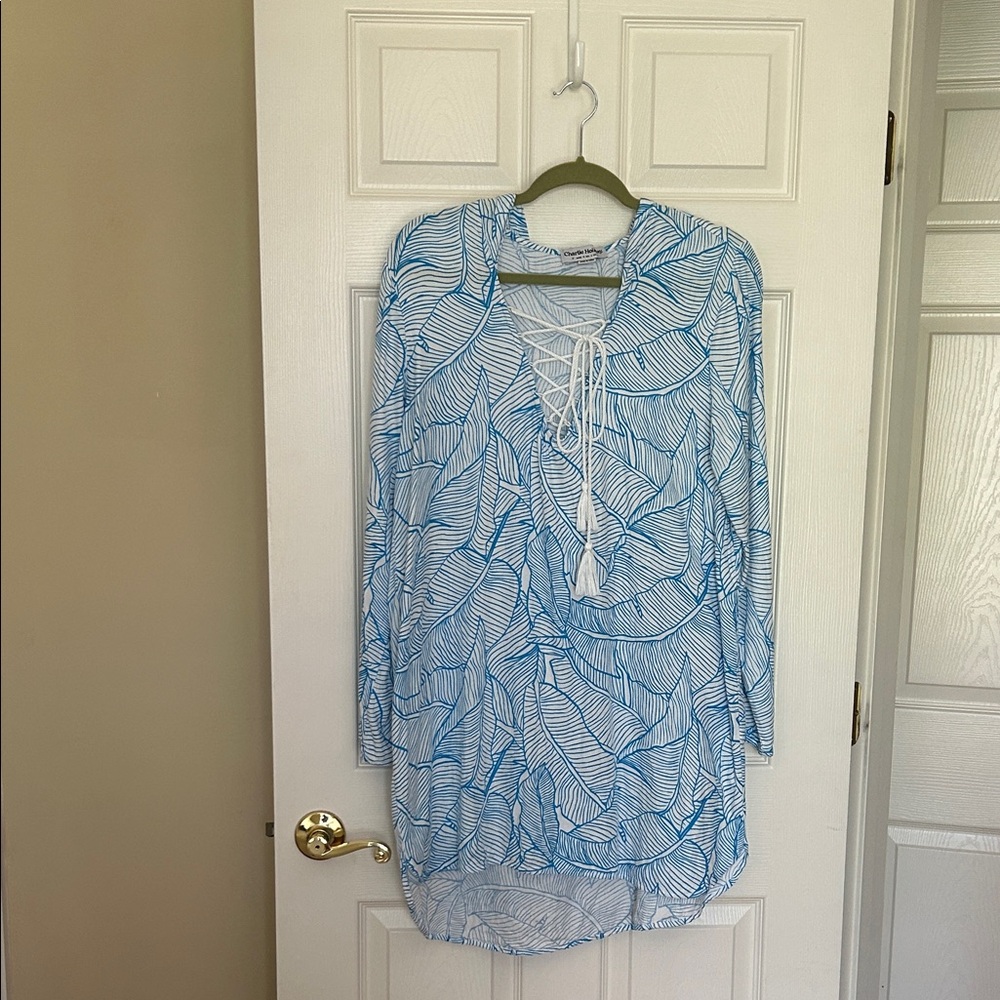 Charlie Holiday Blue and White Leaf Print Swim Coverup Size M